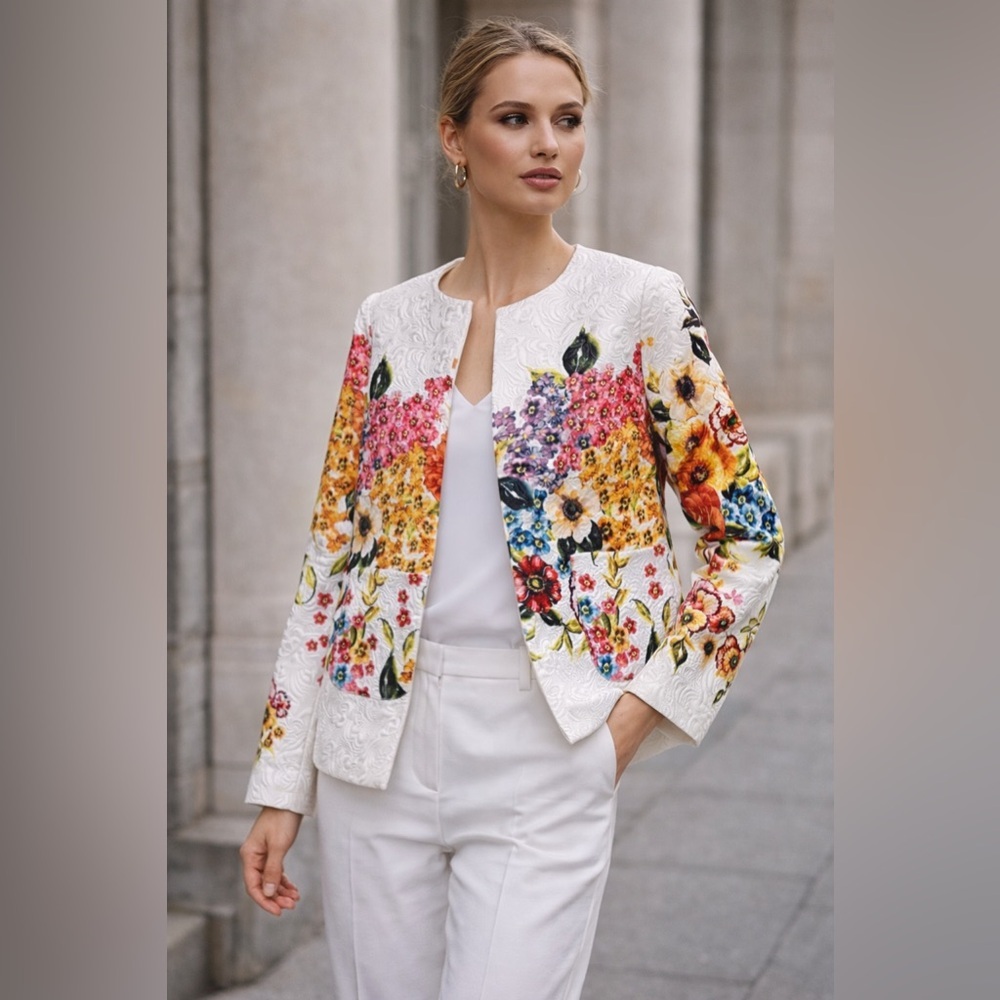 White Floral Embroidered Cotton Blend Blazer